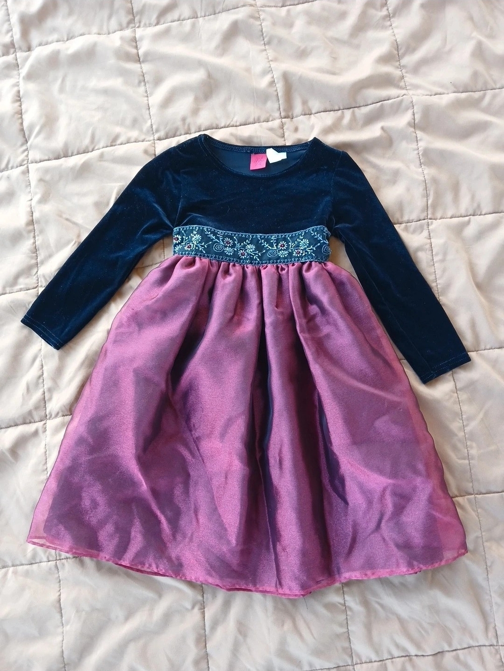 Girls' Navy Velvet and Purple Party Dress
